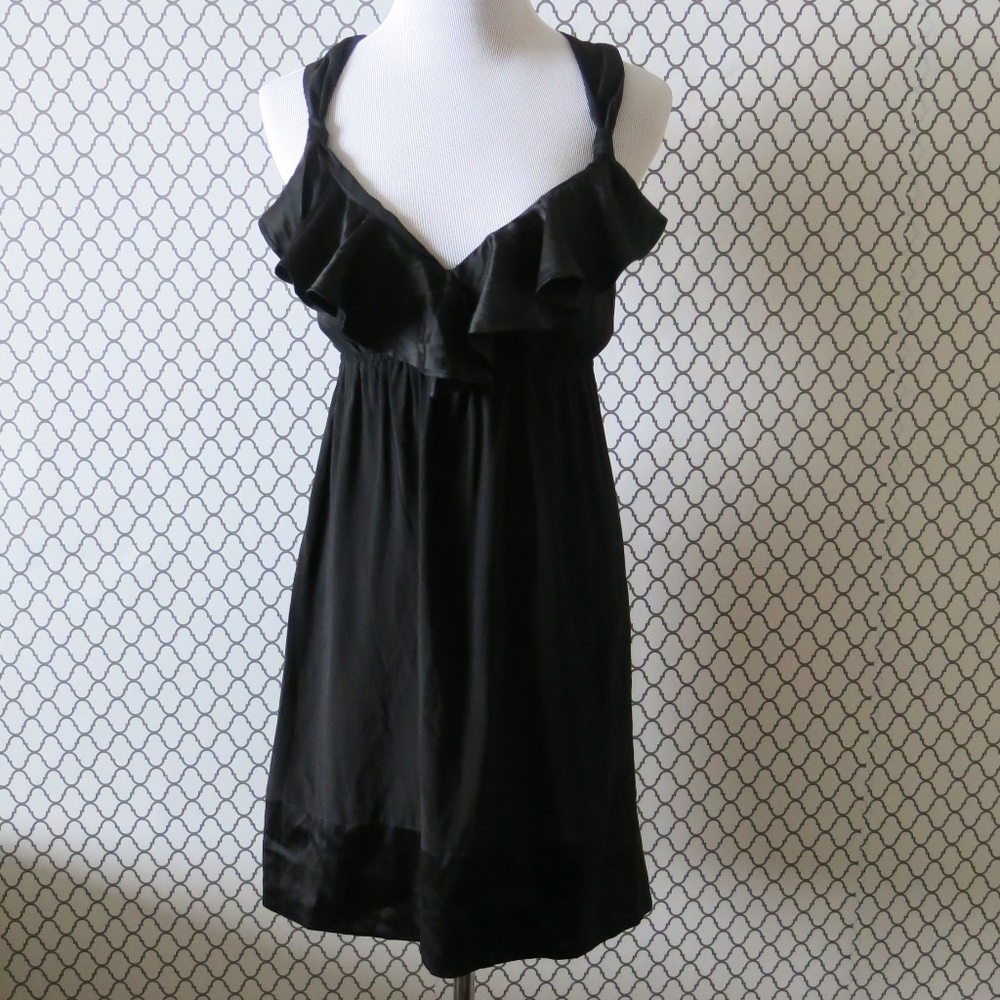 Hale Bob Sleeveless Ruffle V Neck Cross Back Black Silk Cocktail Dress - Size XS